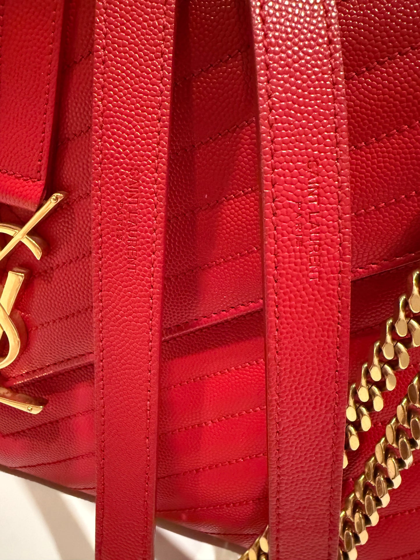 SAINT LAURENT YSL Red Grain De Poudre Matelasse Chevron Large Monogram Bag