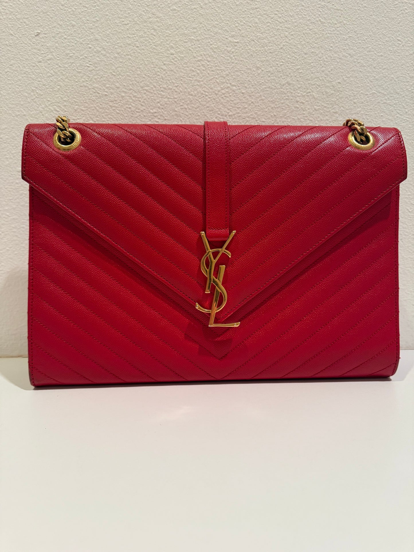 SAINT LAURENT YSL Red Grain De Poudre Matelasse Chevron Large Monogram Bag