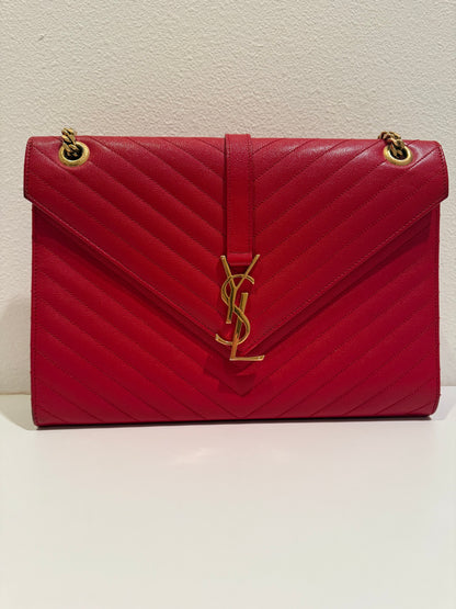 SAINT LAURENT YSL Red Grain De Poudre Matelasse Chevron Large Monogram Bag
