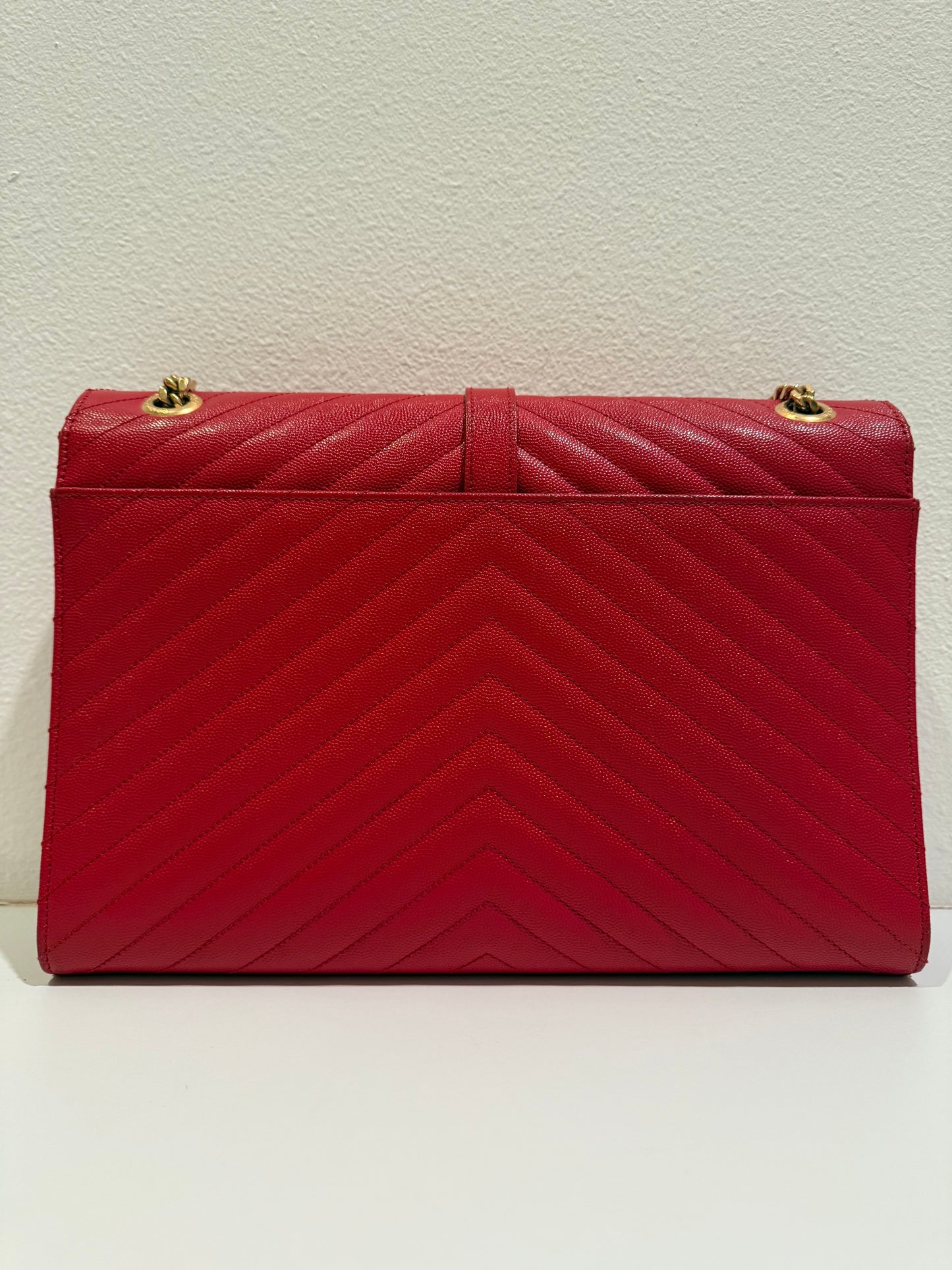 SAINT LAURENT YSL Red Grain De Poudre Matelasse Chevron Large Monogram Bag