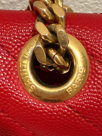 SAINT LAURENT YSL Red Grain De Poudre Matelasse Chevron Large Monogram Bag