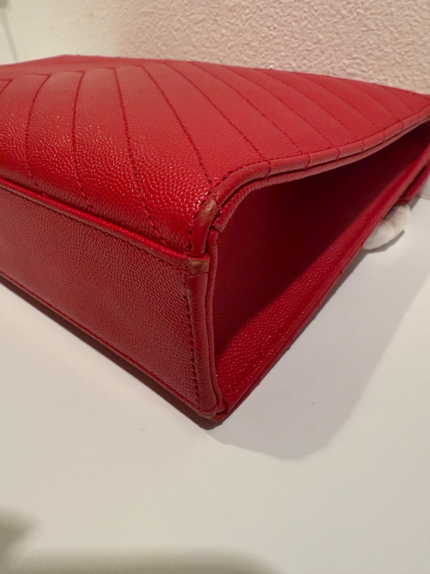 SAINT LAURENT YSL Red Grain De Poudre Matelasse Chevron Large Monogram Bag