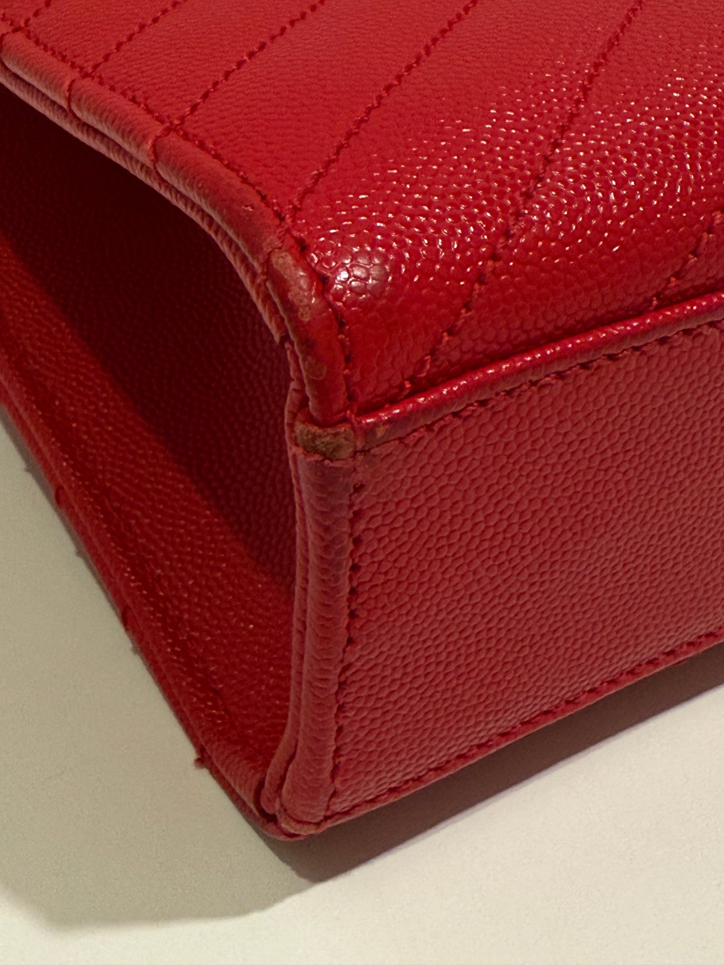 SAINT LAURENT YSL Red Grain De Poudre Matelasse Chevron Large Monogram Bag