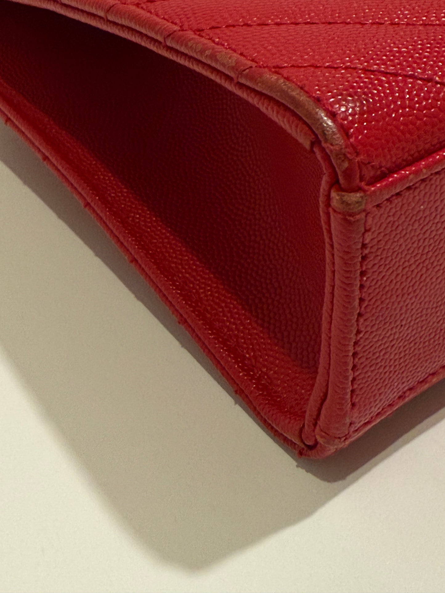 SAINT LAURENT YSL Red Grain De Poudre Matelasse Chevron Large Monogram Bag