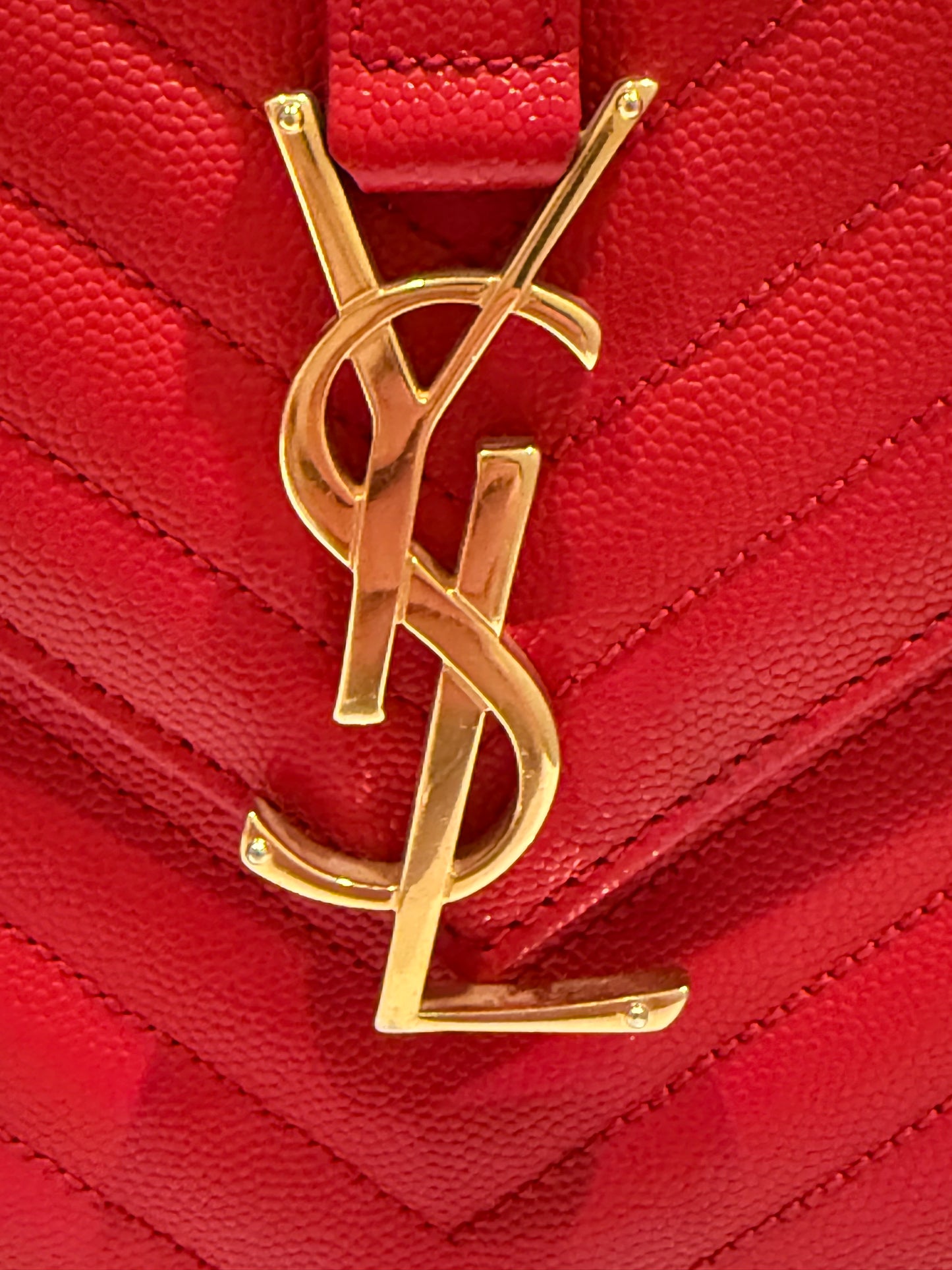 SAINT LAURENT YSL Red Grain De Poudre Matelasse Chevron Large Monogram Bag