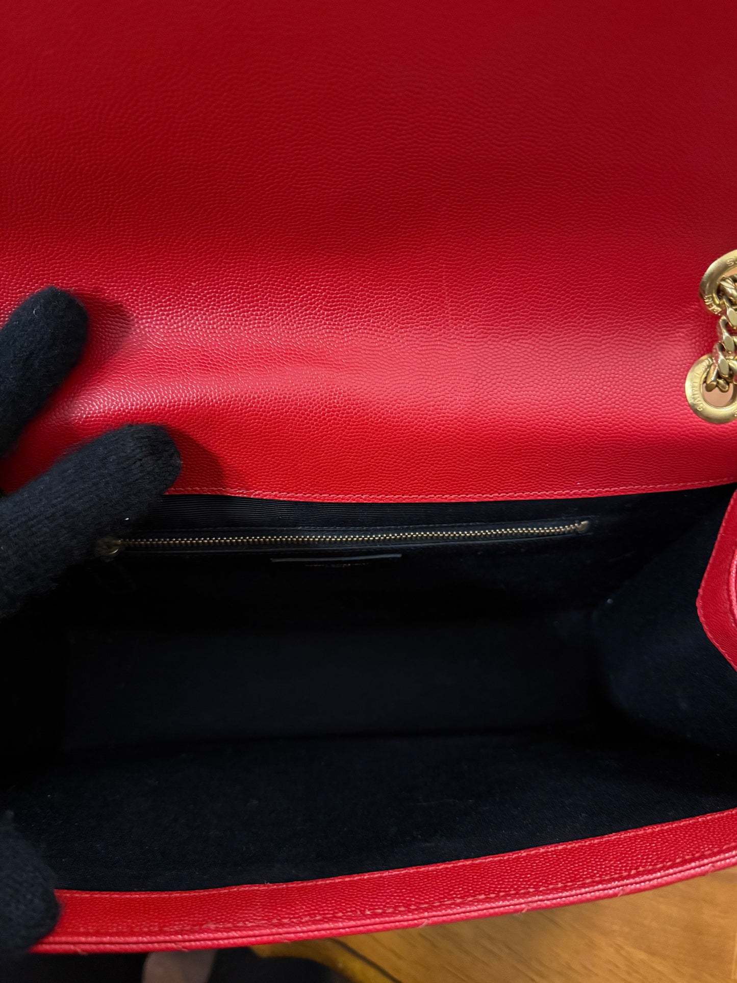 SAINT LAURENT YSL Red Grain De Poudre Matelasse Chevron Large Monogram Bag