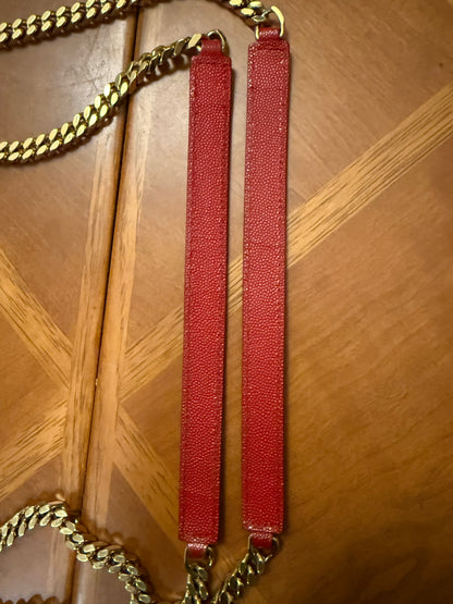SAINT LAURENT YSL Red Grain De Poudre Matelasse Chevron Large Monogram Bag