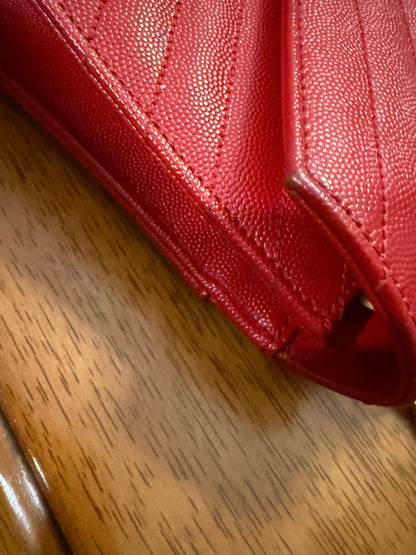 SAINT LAURENT YSL Red Grain De Poudre Matelasse Chevron Large Monogram Bag