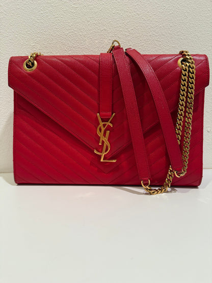 SAINT LAURENT YSL Red Grain De Poudre Matelasse Chevron Large Monogram Bag