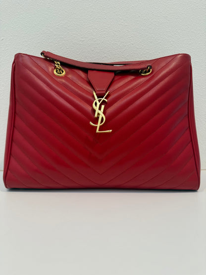 YVES SAINT LAURENT Red Quilted Grained Leather Monogram Chain Cassandra Tote Bag