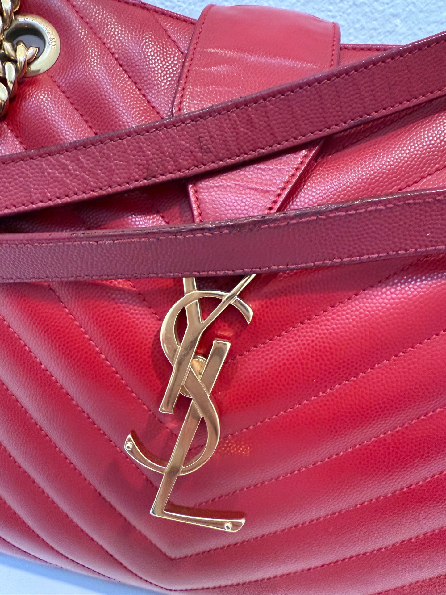YVES SAINT LAURENT Red Quilted Grained Leather Monogram Chain Cassandra Tote Bag