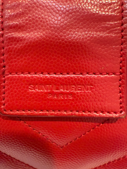 YVES SAINT LAURENT Red Quilted Grained Leather Monogram Chain Cassandra Tote Bag