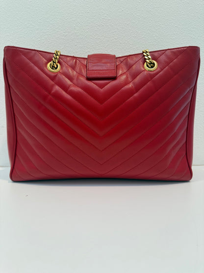 YVES SAINT LAURENT Red Quilted Grained Leather Monogram Chain Cassandra Tote Bag