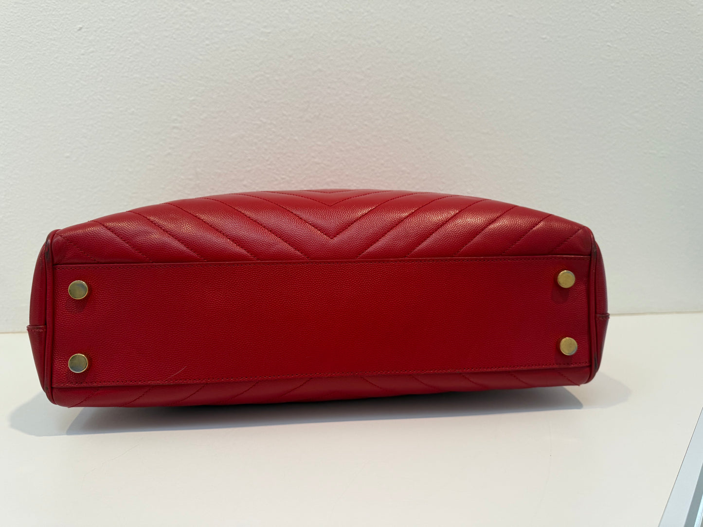 YVES SAINT LAURENT Red Quilted Grained Leather Monogram Chain Cassandra Tote Bag