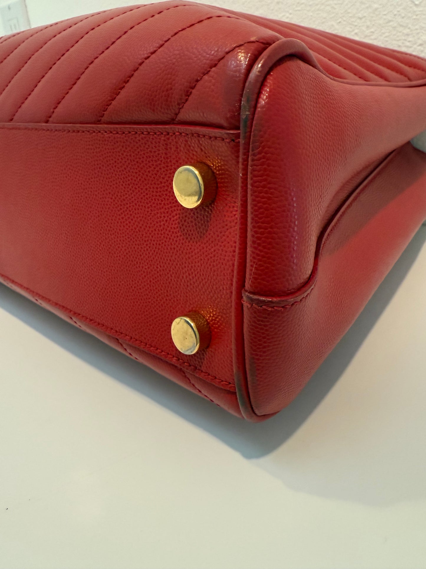 YVES SAINT LAURENT Red Quilted Grained Leather Monogram Chain Cassandra Tote Bag