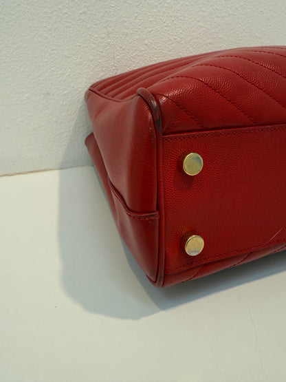 YVES SAINT LAURENT Red Quilted Grained Leather Monogram Chain Cassandra Tote Bag