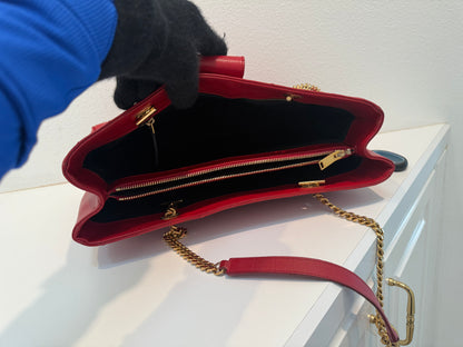 YVES SAINT LAURENT Red Quilted Grained Leather Monogram Chain Cassandra Tote Bag