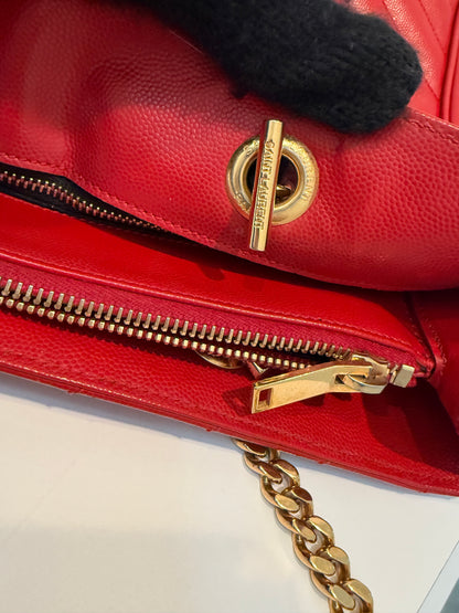 YVES SAINT LAURENT Red Quilted Grained Leather Monogram Chain Cassandra Tote Bag