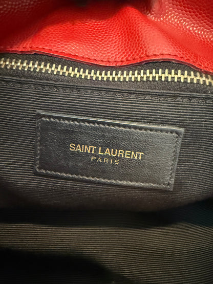 YVES SAINT LAURENT Red Quilted Grained Leather Monogram Chain Cassandra Tote Bag
