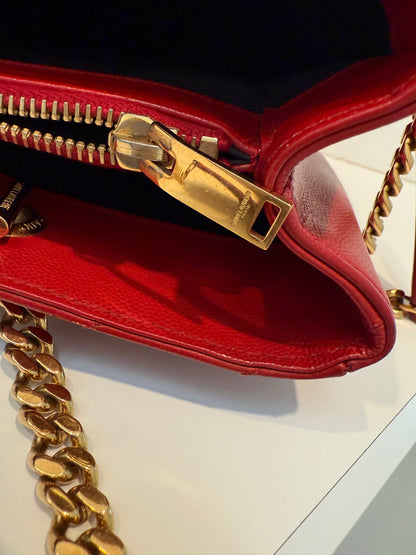 YVES SAINT LAURENT Red Quilted Grained Leather Monogram Chain Cassandra Tote Bag