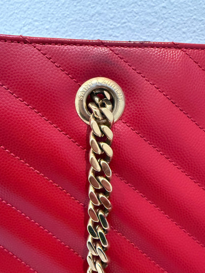 YVES SAINT LAURENT Red Quilted Grained Leather Monogram Chain Cassandra Tote Bag