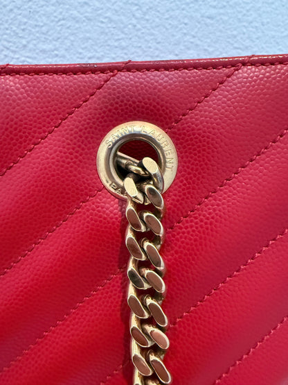 YVES SAINT LAURENT Red Quilted Grained Leather Monogram Chain Cassandra Tote Bag