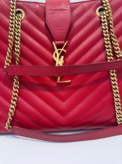 YVES SAINT LAURENT Red Quilted Grained Leather Monogram Chain Cassandra Tote Bag