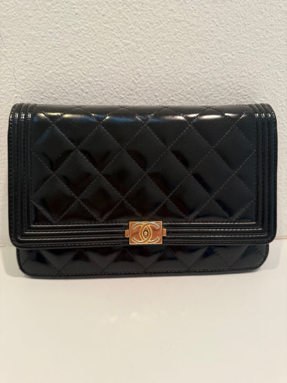 Chanel Le Boy Black Pearlescent Quilted Leather w Gold WOC Wallet on Chain Bag