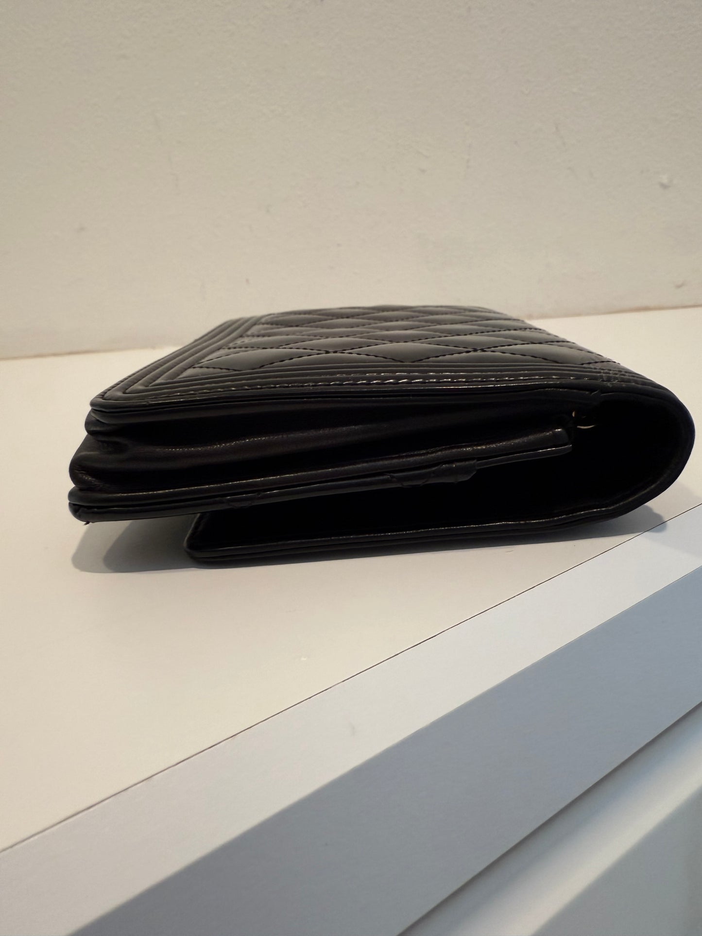 Chanel Le Boy Black Pearlescent Quilted Leather w Gold WOC Wallet on Chain Bag