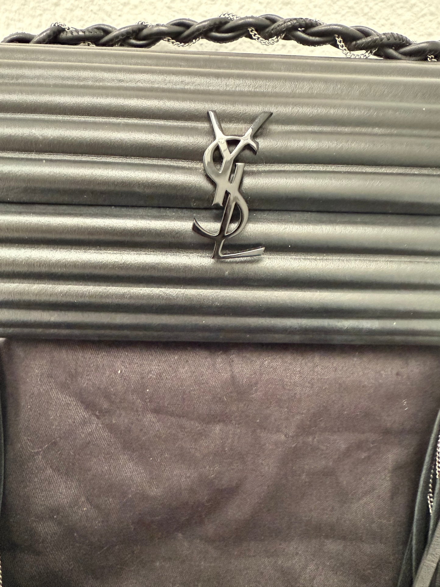 Saint Laurent Ribbed Plexiglass Lambskin Fringe Monogram Opium Box Bag