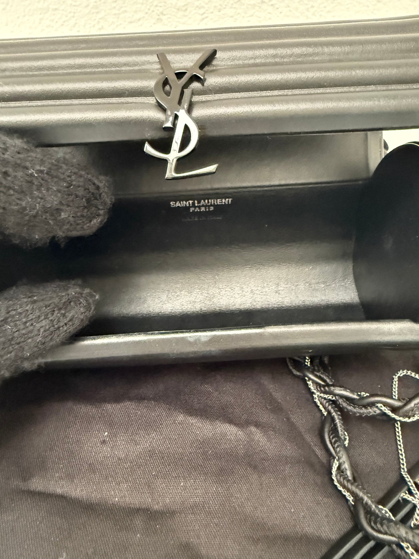 Saint Laurent Ribbed Plexiglass Lambskin Fringe Monogram Opium Box Bag