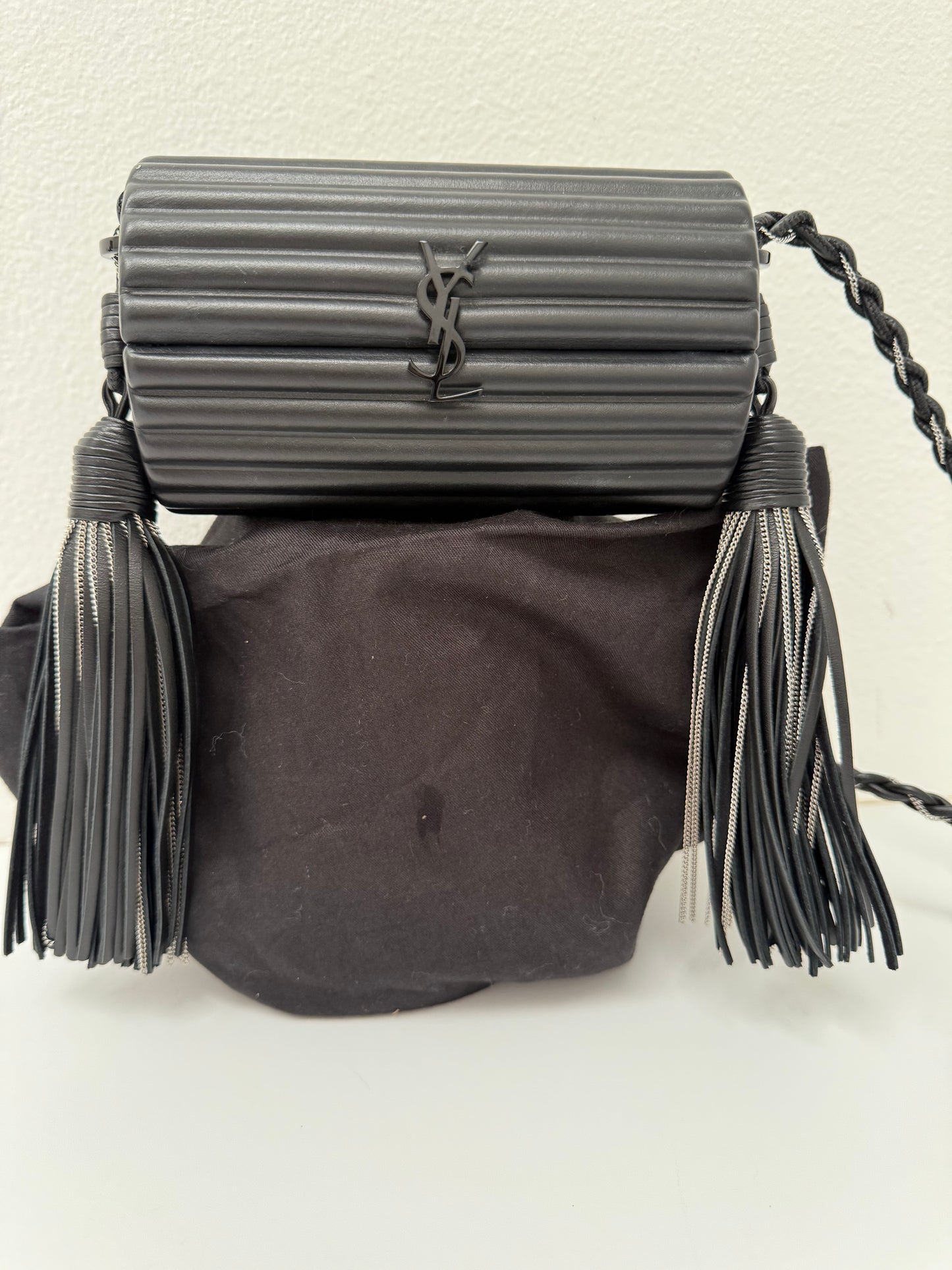 Saint Laurent Ribbed Plexiglass Lambskin Fringe Monogram Opium Box Bag