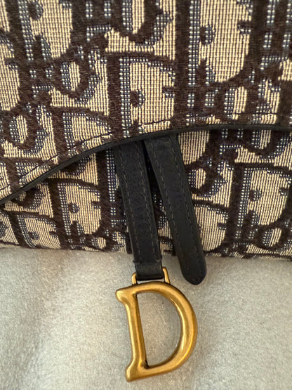 Christian Dior Blue Oblique Jacquard Saddle Pouch with Chain WOC Wallet on Chain