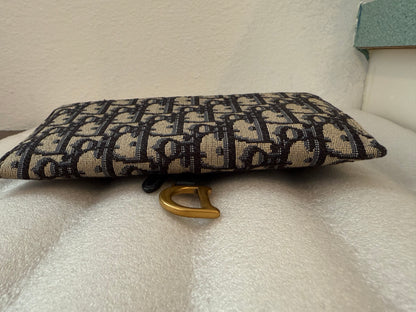 Christian Dior Blue Oblique Jacquard Saddle Pouch with Chain WOC Wallet on Chain