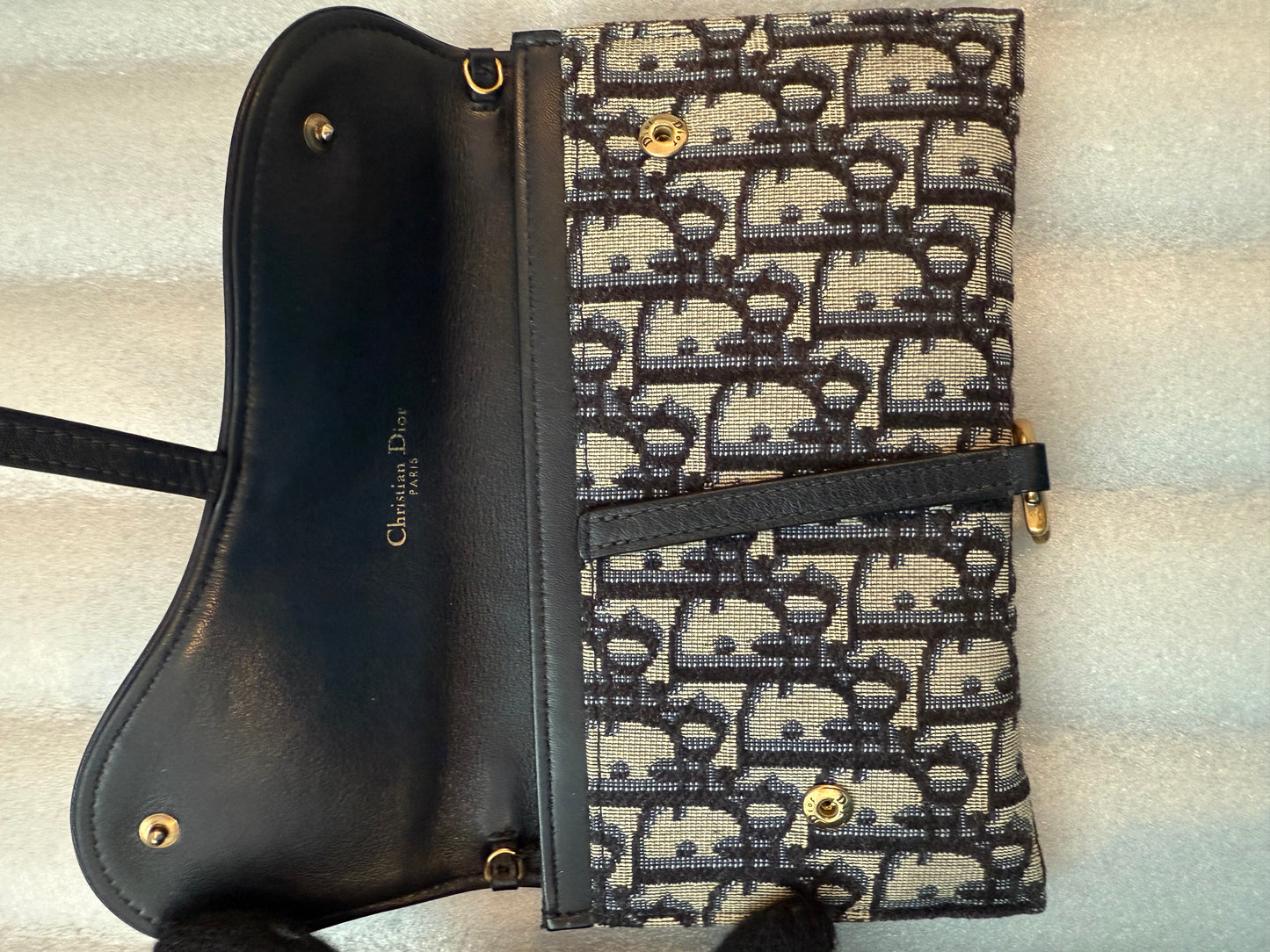 Christian Dior Blue Oblique Jacquard Saddle Pouch with Chain WOC Wallet on Chain