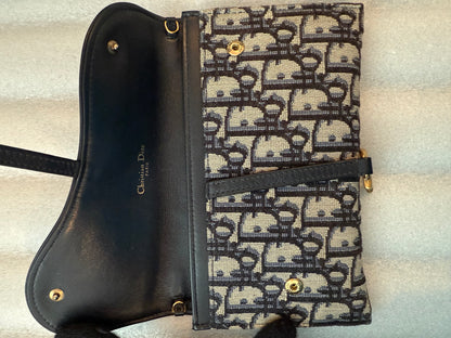 Christian Dior Blue Oblique Jacquard Saddle Pouch with Chain WOC Wallet on Chain