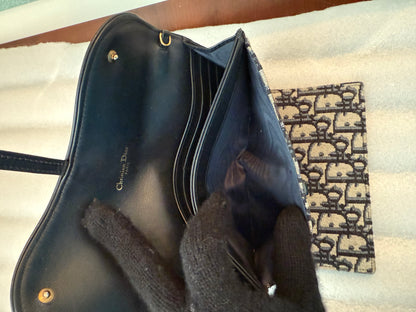Christian Dior Blue Oblique Jacquard Saddle Pouch with Chain WOC Wallet on Chain