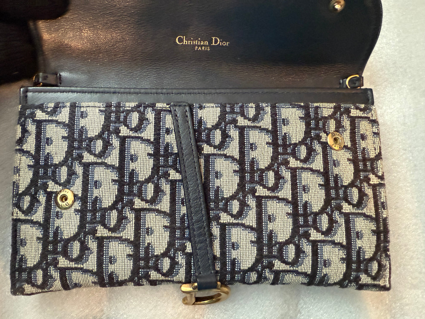 Christian Dior Blue Oblique Jacquard Saddle Pouch with Chain WOC Wallet on Chain