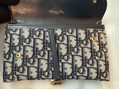 Christian Dior Blue Oblique Jacquard Saddle Pouch with Chain WOC Wallet on Chain