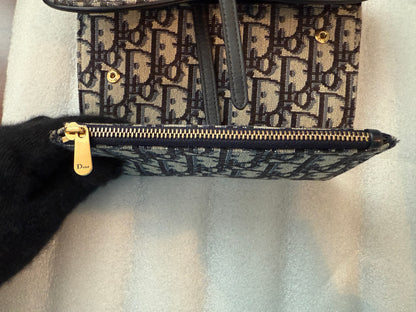 Christian Dior Blue Oblique Jacquard Saddle Pouch with Chain WOC Wallet on Chain