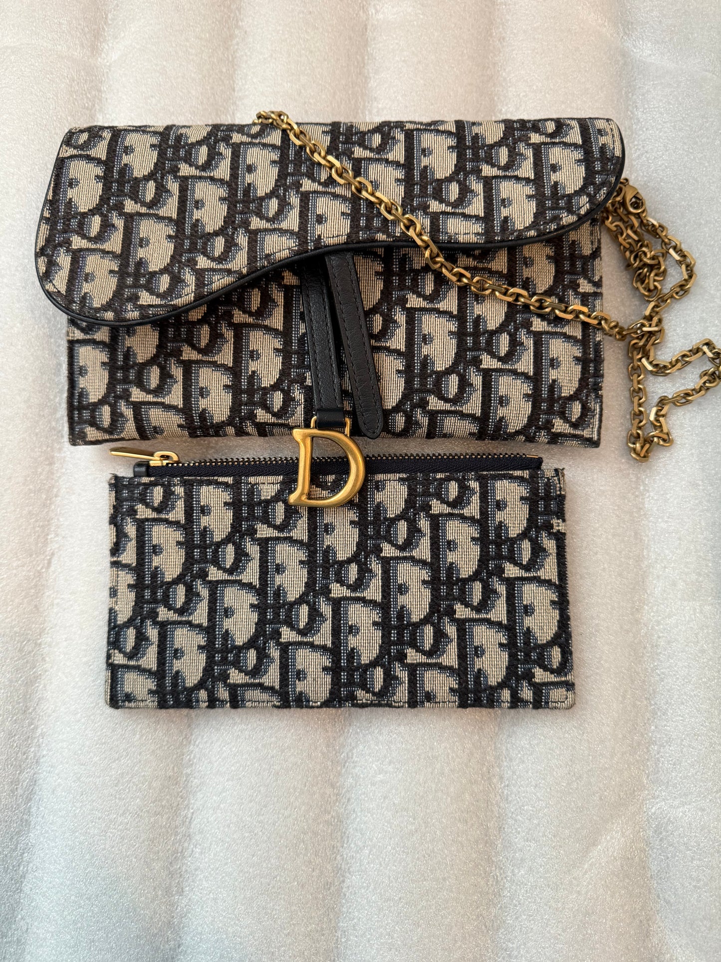 Christian Dior Blue Oblique Jacquard Saddle Pouch with Chain WOC Wallet on Chain