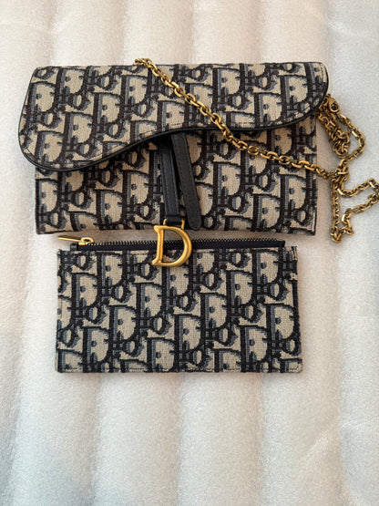 Christian Dior Blue Oblique Jacquard Saddle Pouch with Chain WOC Wallet on Chain
