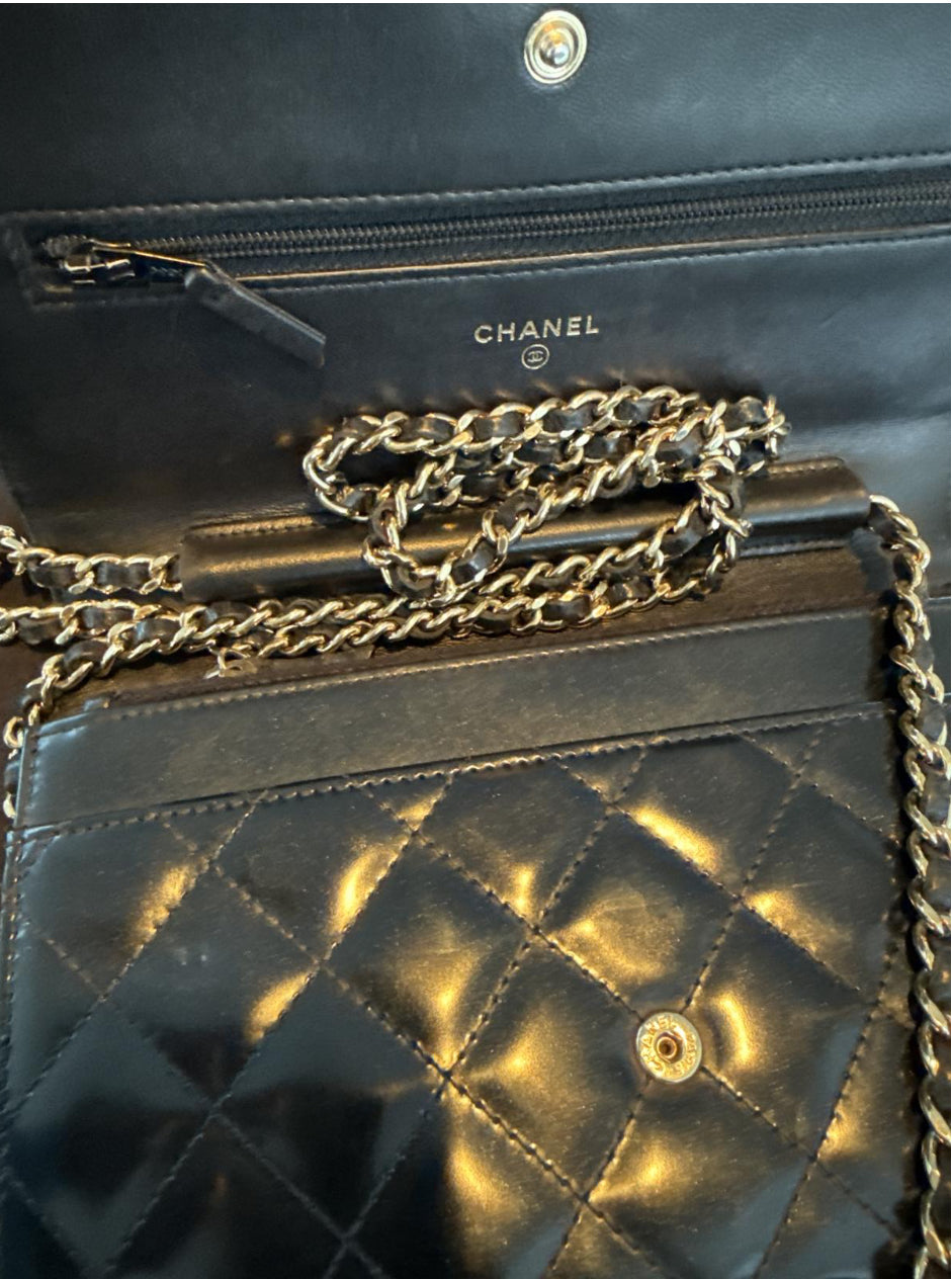 Chanel Le Boy Black Pearlescent Quilted Leather w Gold WOC Wallet on Chain Bag