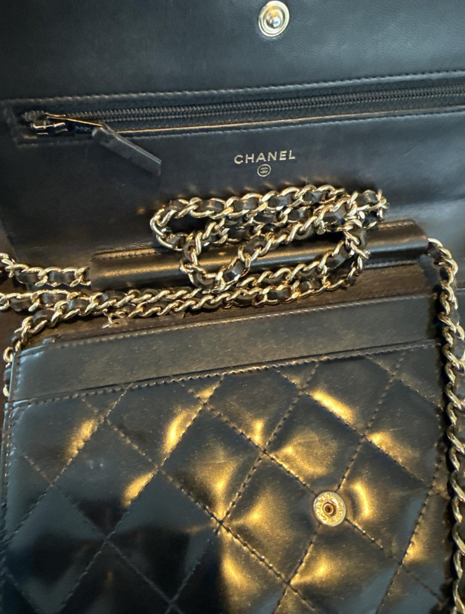 Chanel Le Boy Black Pearlescent Quilted Leather w Gold WOC Wallet on Chain Bag