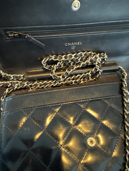 Chanel Le Boy Black Pearlescent Quilted Leather w Gold WOC Wallet on Chain Bag