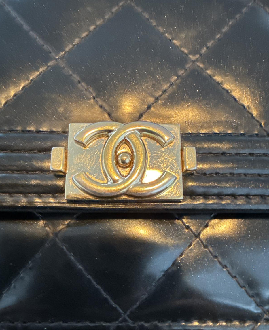 Chanel Le Boy Black Pearlescent Quilted Leather w Gold WOC Wallet on Chain Bag