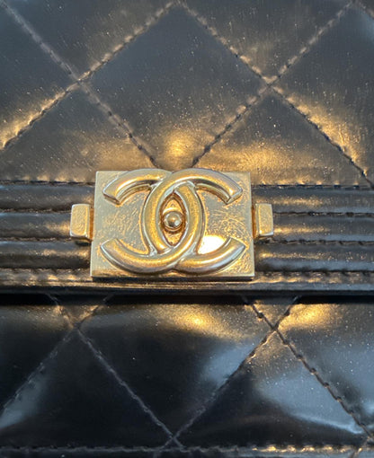 Chanel Le Boy Black Pearlescent Quilted Leather w Gold WOC Wallet on Chain Bag