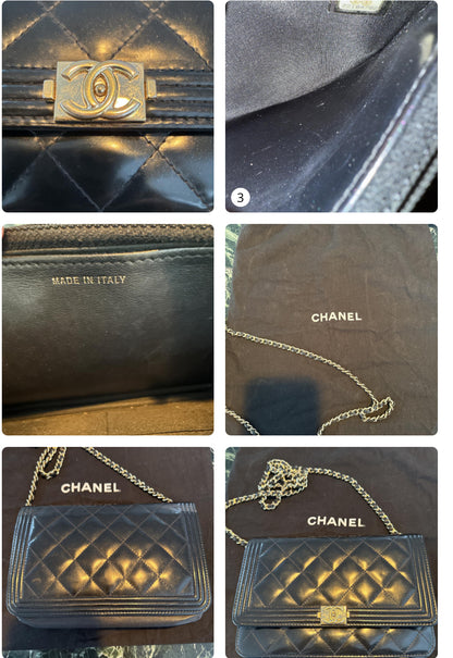 Chanel Le Boy Black Pearlescent Quilted Leather w Gold WOC Wallet on Chain Bag