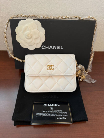 CHANEL White Lambskin Mini Square Flap Bag Pearl Crush / Gold Ball Bag