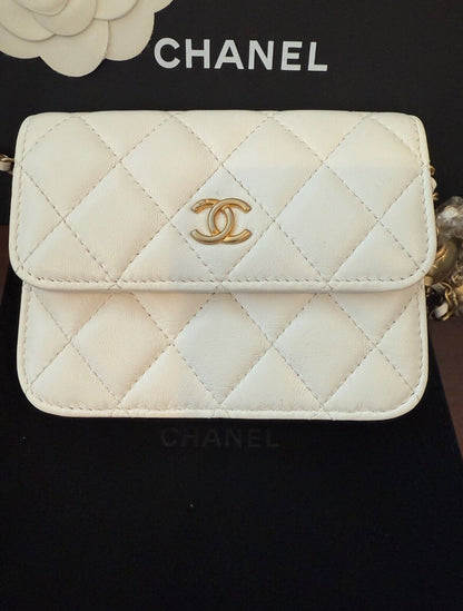 CHANEL White Lambskin Mini Square Flap Bag Pearl Crush / Gold Ball Bag